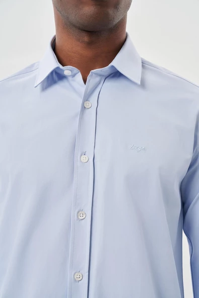Mavi Uzun Kollu Sert Yaka Cepsiz Pamuklu Likralı Klasik Slim Fit Dar Kesim Gömlek 1004245234 - Resim 4