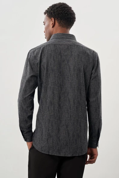 Siyah Uzun Kol Baskılı Bez Ayağı Sert Yaka Cepli Pamuklu Classic Comfort Fit Gömlek 1004245214 - Resim 5