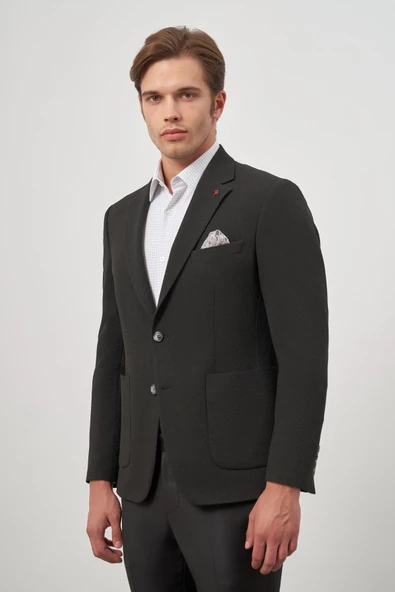 Siyah Gofreli Mono Yaka 6 Drop Slim Fit Classic Ceket 1002245158