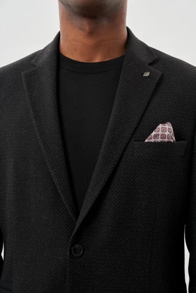 Koyu Antrasit Desenli Örme Mono Yaka Tam Astar Esnek 6 Drop Comfort Fit Casual Ceket 1002245163 - Resim 4