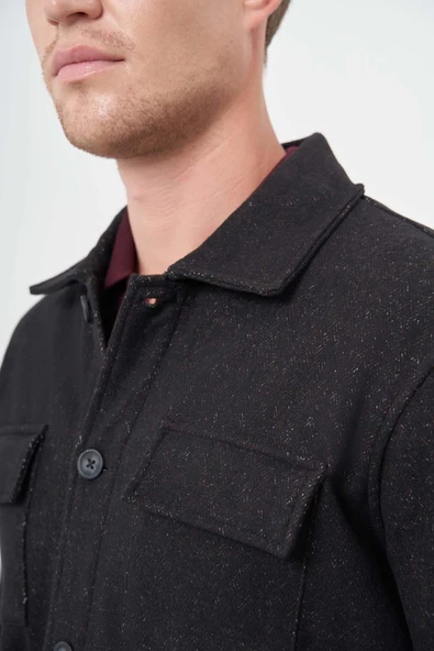 Siyah Örme Polo Yaka Jakarlı Desen Yırtmaçsız Astarsız Slim Fit Classic Mont 1007245161 - Resim 4