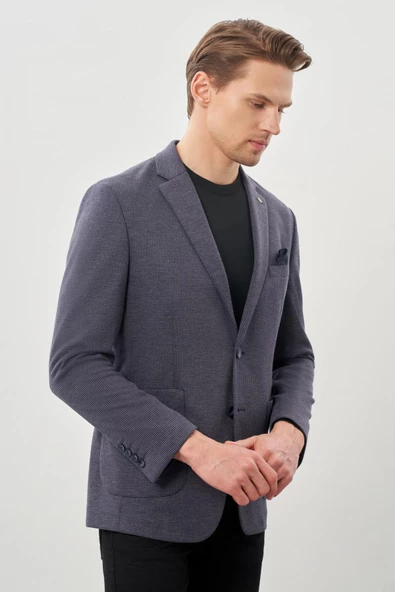 Koyu Lacivert Kazayağı Desen Örme Mono Yaka 2 Düğme 6 Drop Slim Fit Classic Ceket 1002245166_200 - Resim 3