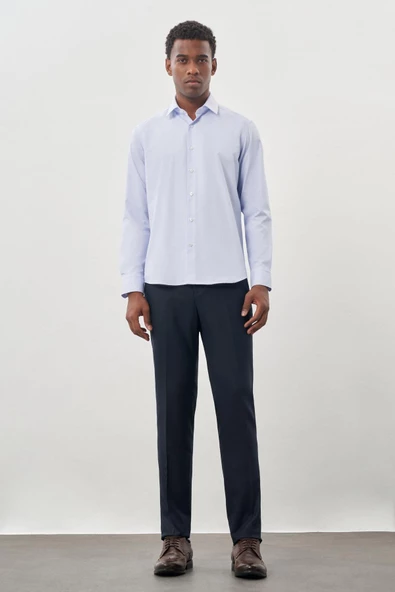 Koyu Mavi Uzun Kol Armürlü Sert Yaka Cepsiz Pamuklu Classic Slim Fit Gömlek 1004245226 - Resim 2