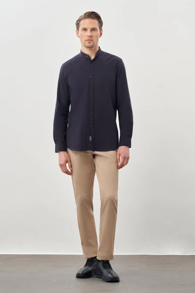 Lacivert Uzun Kol Düz Bez Ayağı Hakim Yaka Cepsiz Pamuk Casual Slim Fit Gömlek 1004245270_201 - Resim 2