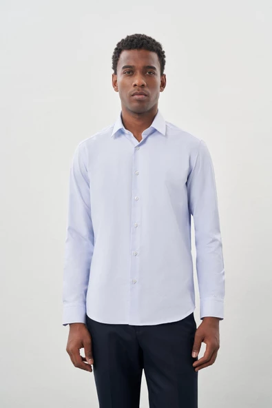 Koyu Mavi Uzun Kol Armürlü Sert Yaka Cepsiz Pamuklu Classic Slim Fit Gömlek 1004245226 - Resim 3