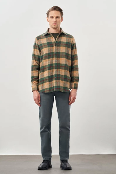 Camel Yünlü Ekose Desen Yumuşak Yaka Cepsiz Uzun Kol Casual Comfort Fit Gömlek 1004245227 - Resim 2