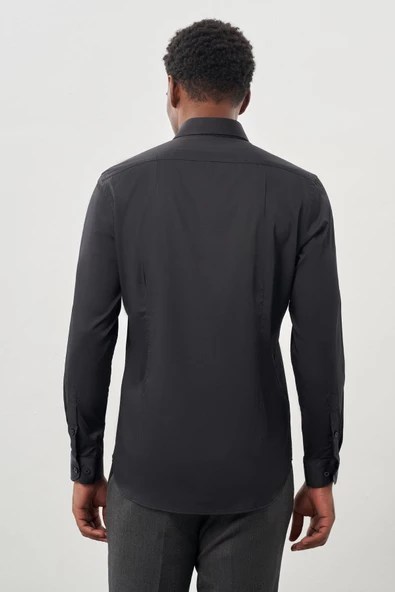 Koyu Antrasit Uzun Kol Düz Bez Ayağı Sert Yaka Cepsiz Esnek Classic Slim Fit Gömlek 1004245223_070 - Resim 5