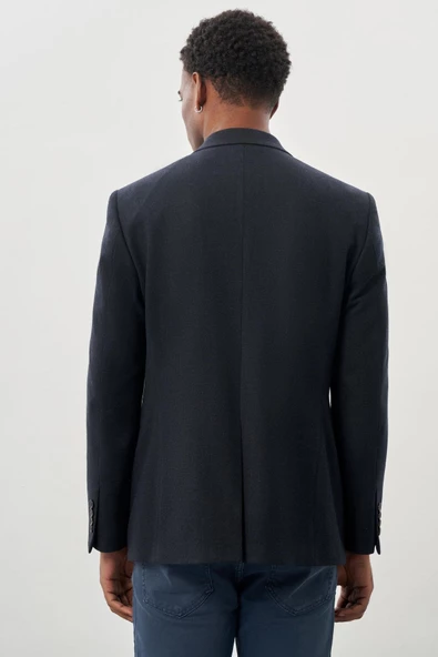 Koyu Lacivert Desenli Örme Mono Yaka Tam Astar Esnek 6 Drop Comfort Fit Casual Ceket 1002245164 - Resim 5