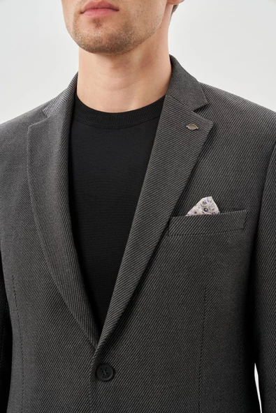 Koyu Antrasit Gabardin Mono Yaka Tam Astar Esnek 6 Drop Slim Fit Casual Ceket 1002245162 - Resim 4