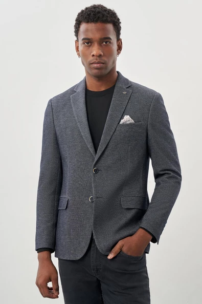 Koyu Lacivert Düz Örme Mono Yaka 6 Drop Slim Fit Classic Ceket 1002245133 - Resim 3