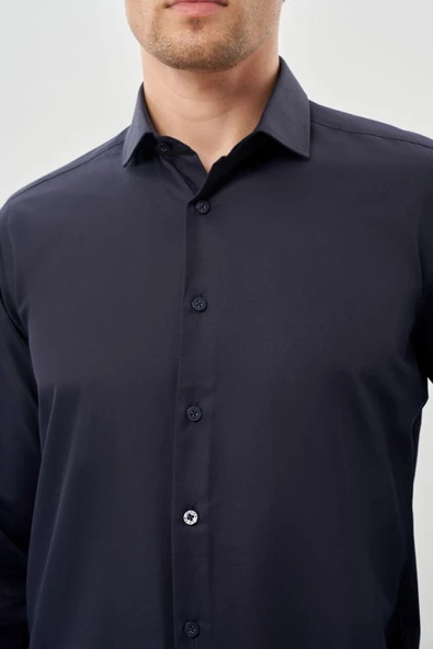 Koyu Lacivert Uzun Kol Düz Yarım İtalyan Yaka Cepsiz Pamuklu Classic Slim Fit Gömlek 1004245268 - Resim 4