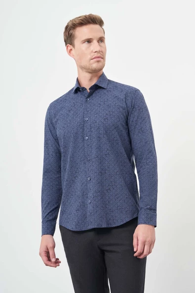 Koyu Lacivert Uzun Kol Yarım İtalyan Yaka Cepsiz Pamuklu Classic Slim Fit Gömlek 1004245222