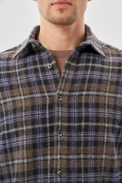 Koyu Antrasit Yünlü Ekose Desen Yumuşak Yaka Cepsiz Uzun Kol Casual Comfort Fit Gömlek 1004245227 - 4