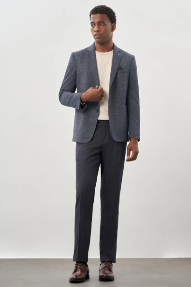 Lacivert Desenli Örme Mono Yaka Astarsız Esnek 6 Drop Slim Fit Casual Ceket 1002245161 - 2