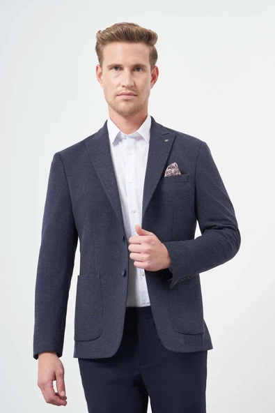 Lacivert Örme Kılıç Yaka 6 Drop Slim Fit Ceket 1002245156 - Resim 3