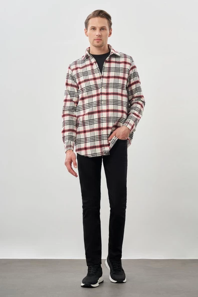 Açık Krem Yünlü Ekose Desen Yumuşak Yaka Cepsiz Uzun Kol Casual Comfort Fit Gömlek 1004245227 - Resim 2