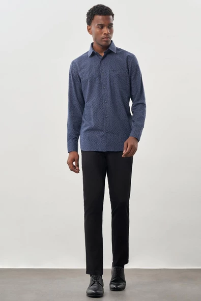 Koyu Lacivert Uzun Kol Cepli Pamuklu Classic Comfort Fit Gömlek 1004245215 - Resim 2