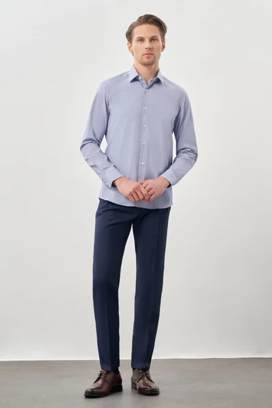 Koyu Lacivert Uzun Kol Armürlü Sert Yaka Cepsiz Pamuklu Classic Slim Fit Gömlek 1004245226 - Resim 2