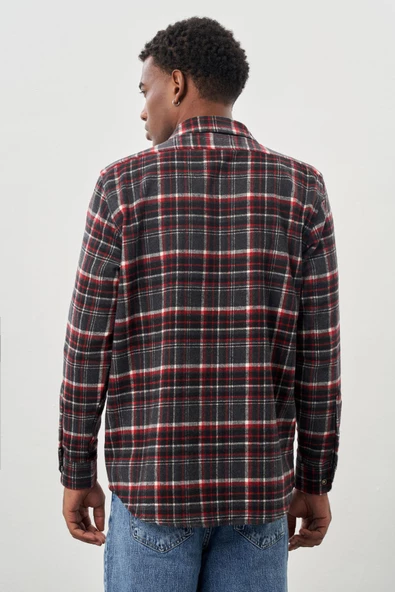 Vişne Yünlü Ekose Desen Yumuşak Yaka Cepsiz Uzun Kol Casual Comfort Fit Gömlek 1004245227 - 5