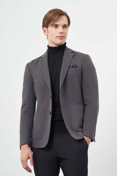 Siyah Kazayağı Desen Örme Mono Yaka 6 Drop Slim Fit Ceket 1002245150 - Resim 3