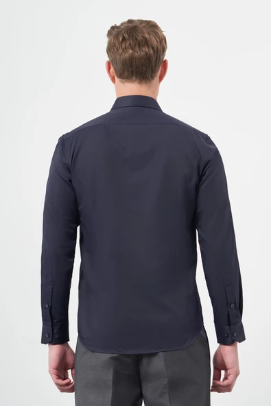 Koyu Lacivert Uzun Kol Düz Bez Ayağı Sert Yaka Cepsiz Pamuklu Classic Slim Fit Gömlek 1004245267 - Resim 5