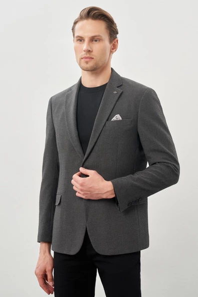 Koyu Antrasit Gabardin Mono Yaka Tam Astar Esnek 6 Drop Slim Fit Casual Ceket 1002245162 - Resim 3