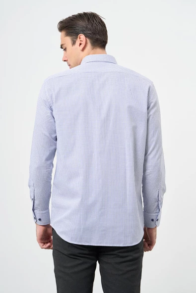 Beyaz Uzun Kol Kareli Desen Yarım İtalyan Yaka Cepli Pamuklu Classic Comfort Fit Gömlek 1004245200 - Resim 5