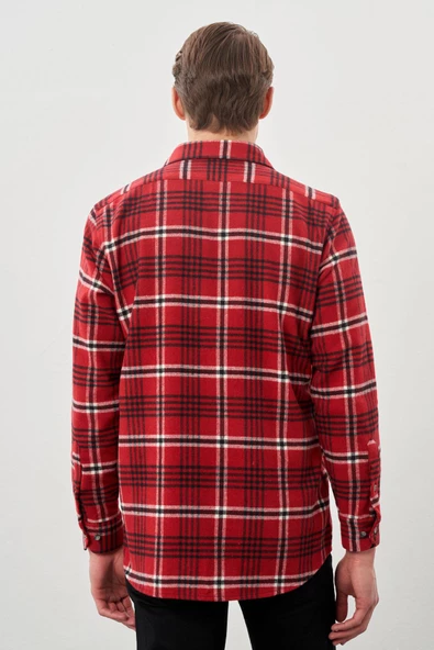 Açık Kırmızı Yünlü Ekose Desen Yumuşak Yaka Cepsiz Uzun Kol Casual Comfort Fit Gömlek 1004245227 - 5