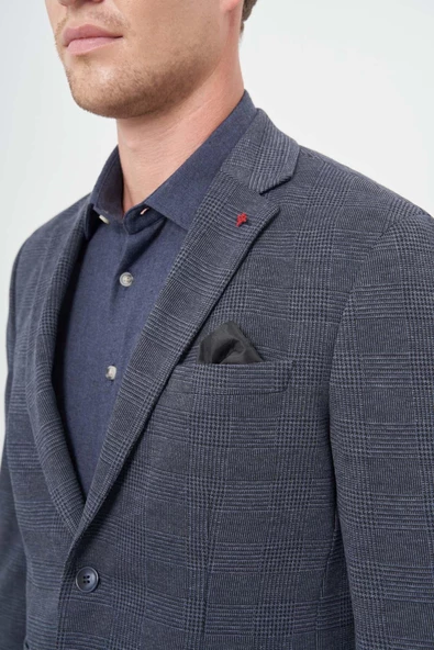 Lacivert Örme Mono Yaka 6 Drop Slim Fit Ceket 1002245152 - Resim 4