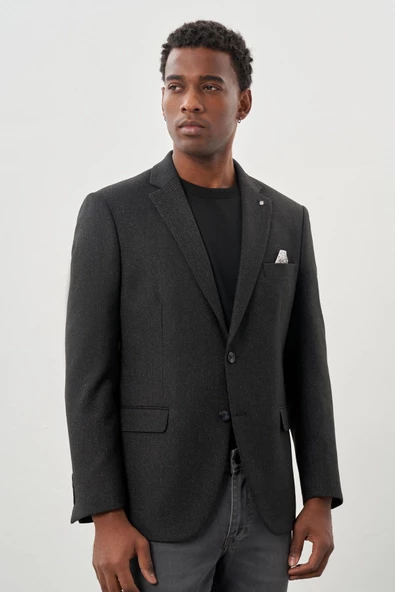 Siyah Düz Gabardin Mono Yaka 2 Düğme Esnek 6 Drop Comfort Fit Casual Ceket 1002245165_001 - Resim 3