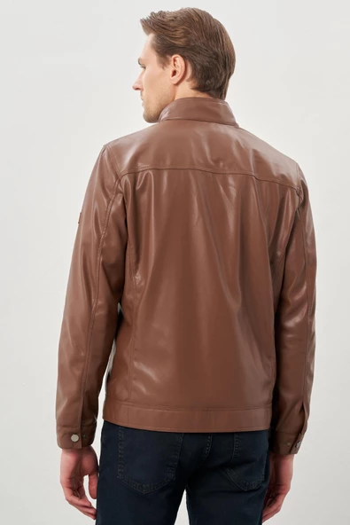 Koyu Kahverengi Suni Deri Hakim Yaka Düz Yırtmaçsız Tam Astar Slim Fit Casual Deri Mont 1038245151 - 5