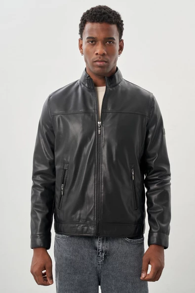 Siyah Suni Deri Hakim Yaka Düz Yırtmaçsız Tam Astar Slim Fit Casual Deri Mont 1038245151