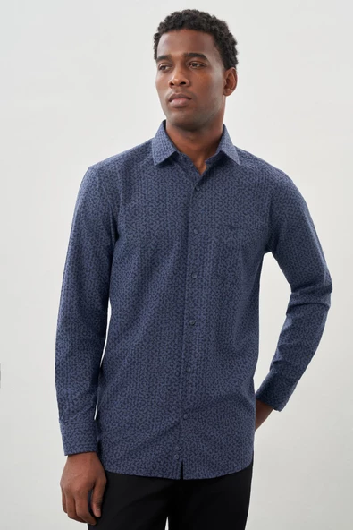 Koyu Lacivert Uzun Kol Cepli Pamuklu Classic Comfort Fit Gömlek 1004245215 - Resim 3