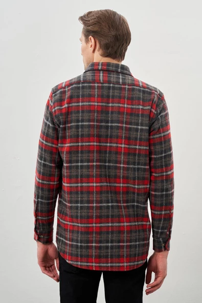 Bordo Yünlü Ekose Desen Yumuşak Yaka Cepsiz Uzun Kol Casual Comfort Fit Gömlek 1004245227 - Resim 5