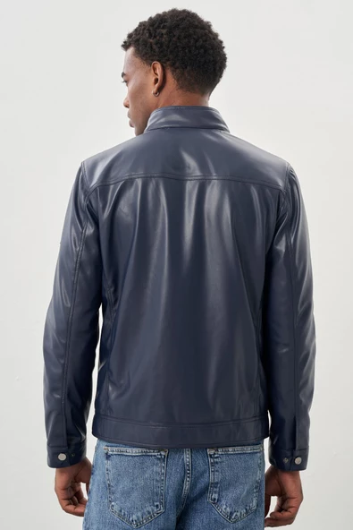 Koyu Lacivert Suni Deri Hakim Yaka Düz Yırtmaçsız Tam Astar Slim Fit Casual Deri Mont 1038245151 - 5