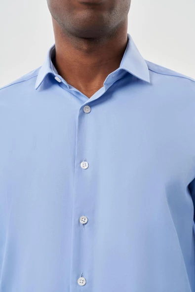 Mavi Uzun Kol Düz Bez Ayağı Yarım İtalyan Yaka Cepsiz Pamuklu Classic Slim Fit Gömlek 1004245268 - Resim 4