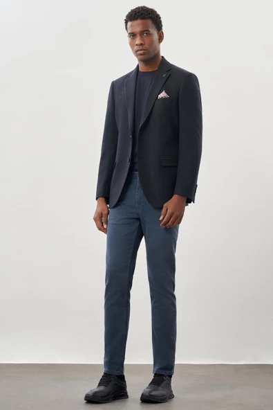 Koyu Lacivert Desenli Örme Mono Yaka Tam Astar Esnek 6 Drop Comfort Fit Casual Ceket 1002245164 - Resim 2