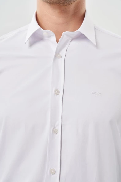Beyaz Uzun Kollu Sert Yaka Cepsiz Pamuklu Likralı Klasik Slim Fit Dar Kesim Gömlek 1004245234 - Resim 4