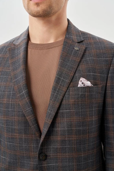 Füme Ekose Desen Bez Ayağı Mono Yaka Tam Astar Esnek 6 Drop Slim Fit Classic Ceket 1002245160 - Resim 4