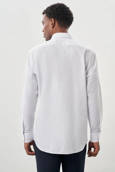 Beyaz Uzun Kol Desen İtalyan Yaka Cepli Pamuklu Classic Comfort Fit Gömlek 1004245185 - Resim 5