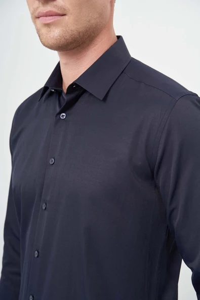 Koyu Lacivert Uzun Kol Düz Bez Ayağı Sert Yaka Cepsiz Pamuklu Classic Slim Fit Gömlek 1004245267 - Resim 4