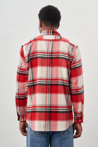 Koyu Kırmızı Yünlü Ekose Desen Yumuşak Yaka Cepsiz Uzun Kol Casual Comfort Fit Gömlek 1004245227 - Resim 5