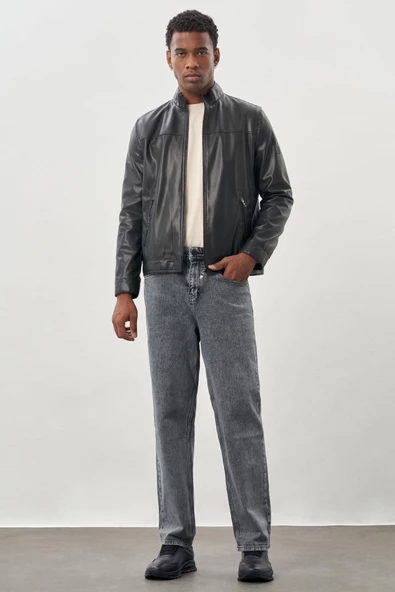 Siyah Suni Deri Hakim Yaka Düz Yırtmaçsız Tam Astar Slim Fit Casual Deri Mont 1038245151 - Resim 2