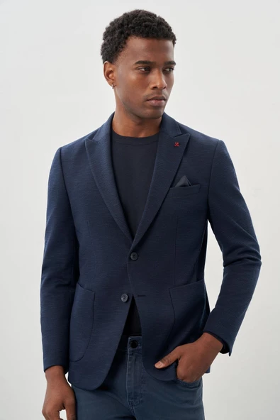 Koyu Lacivert Örme Kılıç Yaka 6 Drop Slim Fit Ceket 1002245155 - Resim 3