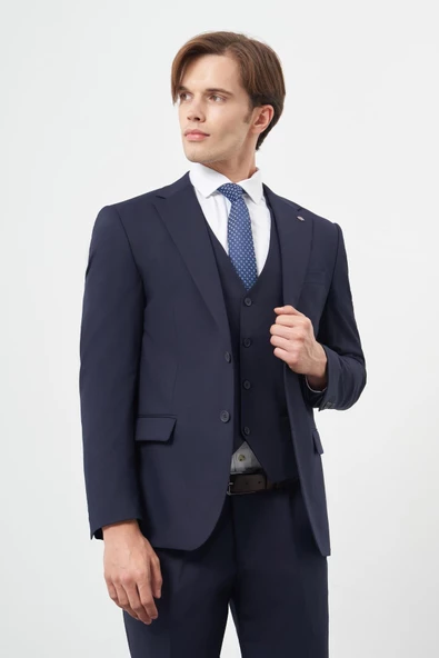 Lacivert Mono Yaka Yelekli 6 Drop Slim Fit Dar Kesim Basic Takim Elbise 1001245386 - 3