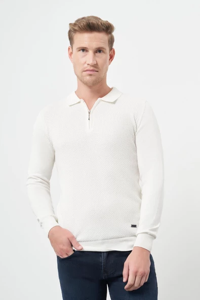 Beyaz Uzun Kol Kendinden Desenli Örme Polo Yaka Classic Comfort Fit Triko 1012245156 - Resim 2
