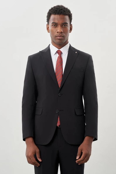Siyah Düz Kılıç Yaka Yünlü 6 Drop Slim Fit Classic Takım Elbise 1001245179 - 2