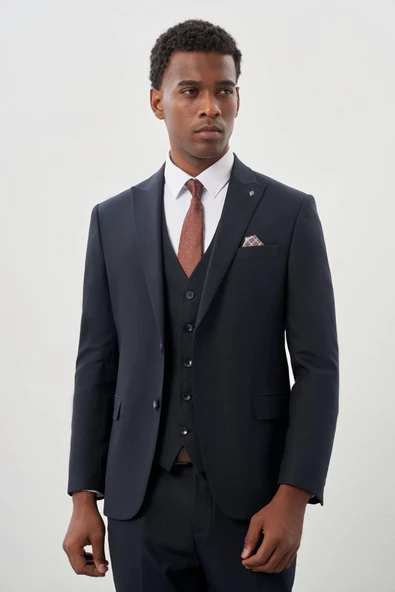 Koyu Lacivert Bez Ayağı Mono Yaka Tam Astar Esnek 6 Drop Comfort Fit Takım Elbise 1001245900 - Resim 3