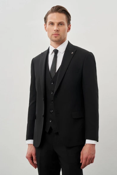 Siyah Bez Ayağı Mono Yaka Tam Astar Esnek 6 Drop Slim Fit Takım Elbise 1001245900 - Resim 2