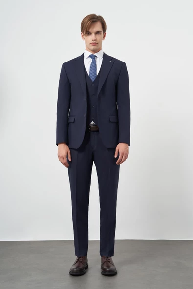 Lacivert Mono Yaka Yelekli 6 Drop Slim Fit Dar Kesim Basic Takim Elbise 1001245386 - 2